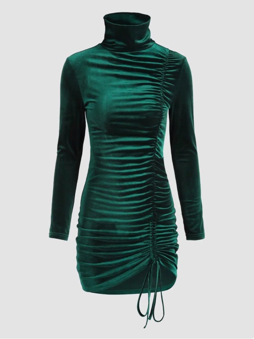 Cider Deep Emerald Velvet Ruched Turtleneck Mini Dress